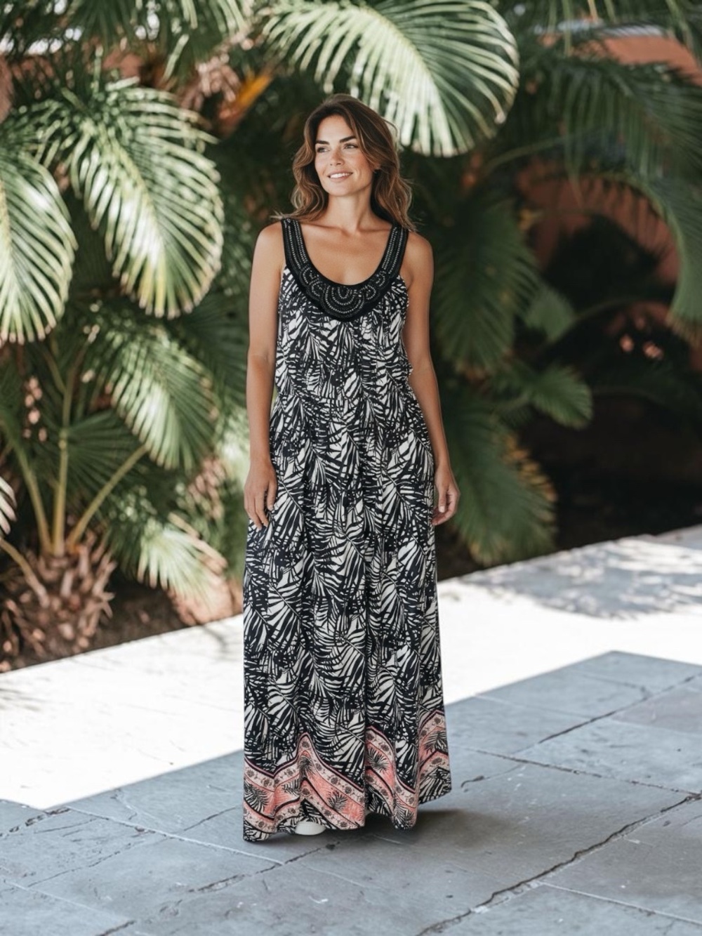 Sami & Jo Black and White Palm-Print Maxi Coverup with Coral Border